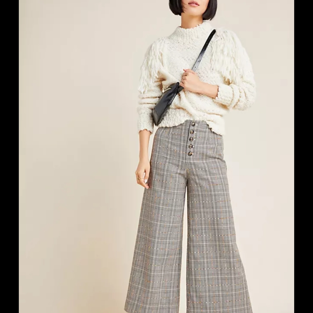 Anthropologie Gray Plaid Wide-Leg Pants